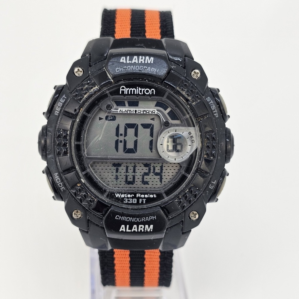 Armitron Men's Digital Sport Watch‎ 48MM Black Case NEW Orange Black Nylon Bands